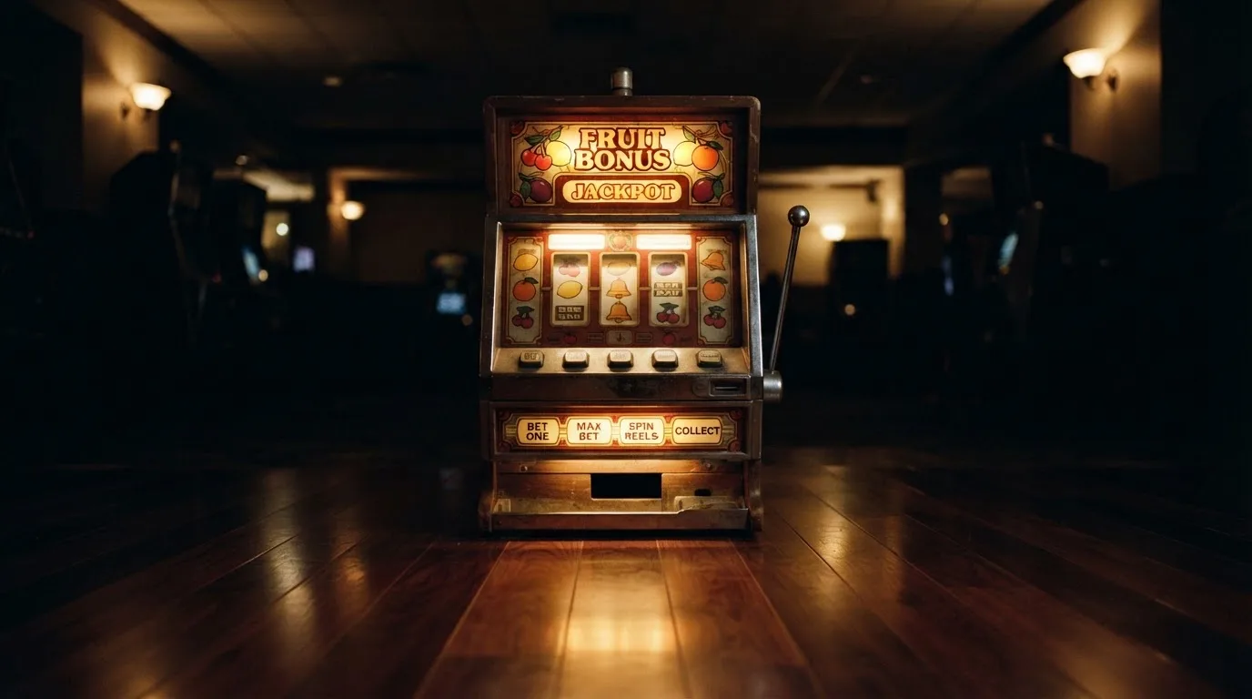 Vanha hedelmäpeliautomaatti hehkuu hämärässä pelisalissa, heijastus kiillottaa tummaa lattiaa — casino ventti