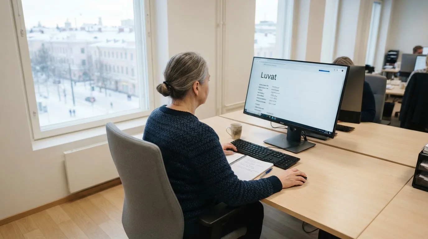 Virkailija istuu vaaleassa virastohuoneessa tietokoneen ääressä, ikkunasta näkyy talvinen kaupunkimaisema.