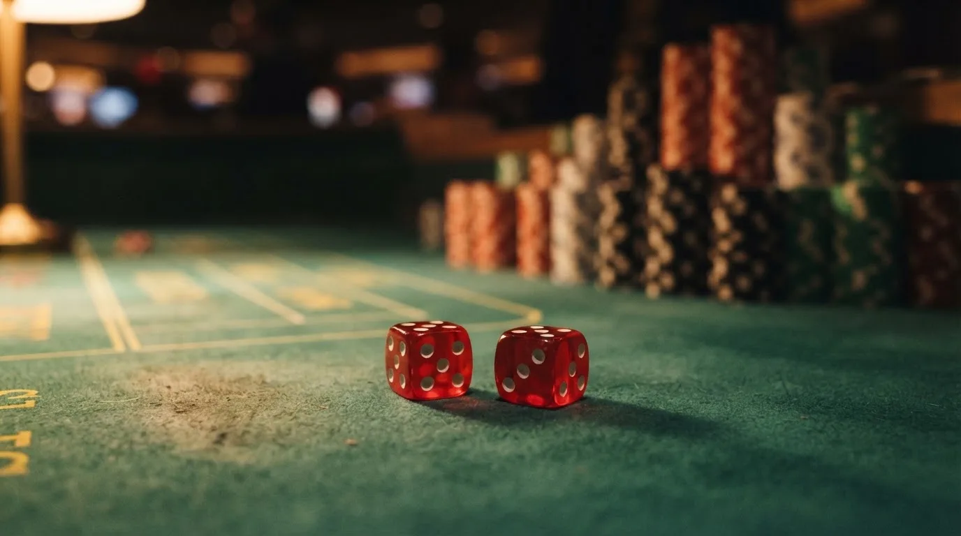 Punaiset nopat lepäävät vihreällä huovalla, taustalla sumeita pelimerkkitorneja iltahämärässä — kolikkopelit casino pelit