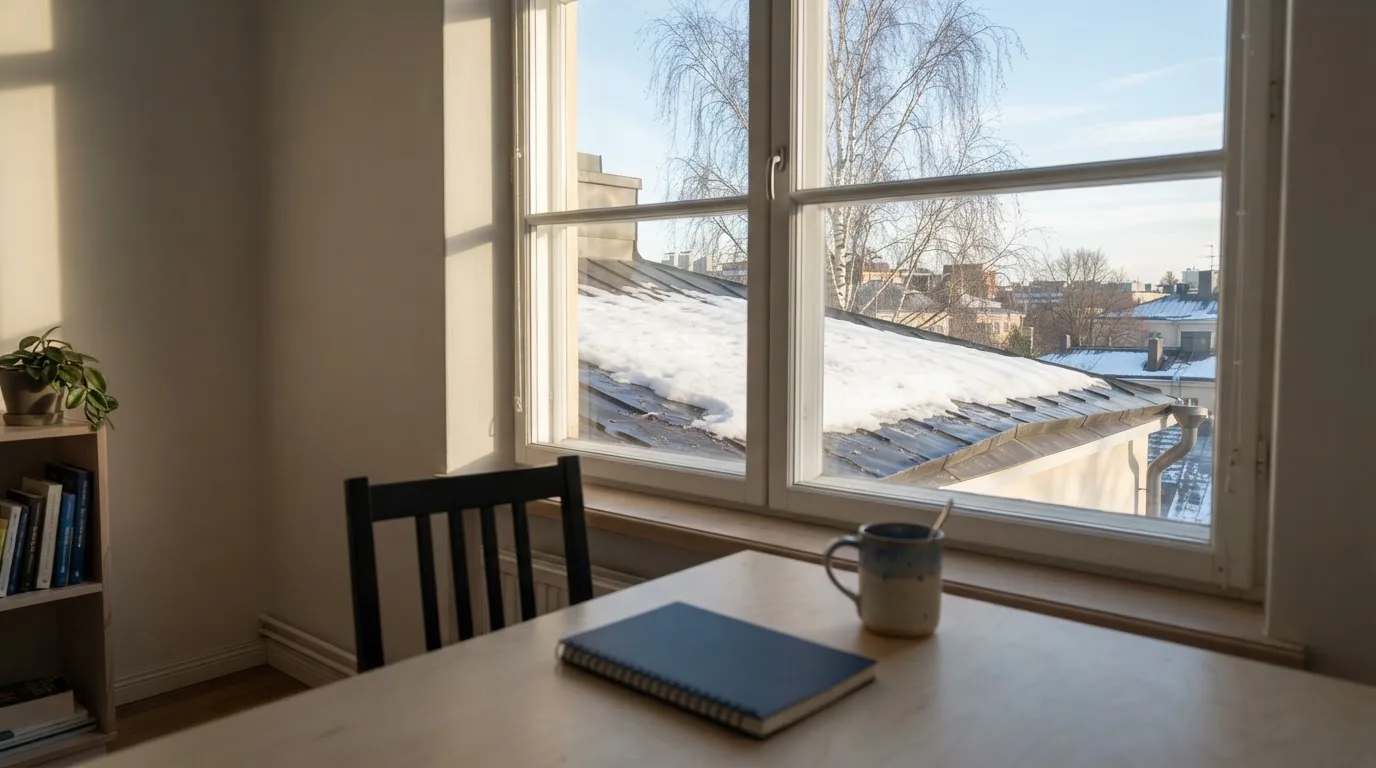 Toimistohuoneen ikkunasta näkyy maaliskuun aamu, lumi sulaa katolla auringonpaisteessa hiljaisella aamulla.