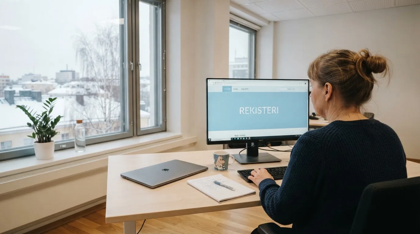 Virkailija istuu vaaleassa virastohuoneessa tietokoneen ääressä, ikkunasta näkyy talvinen kaupunkimaisema.