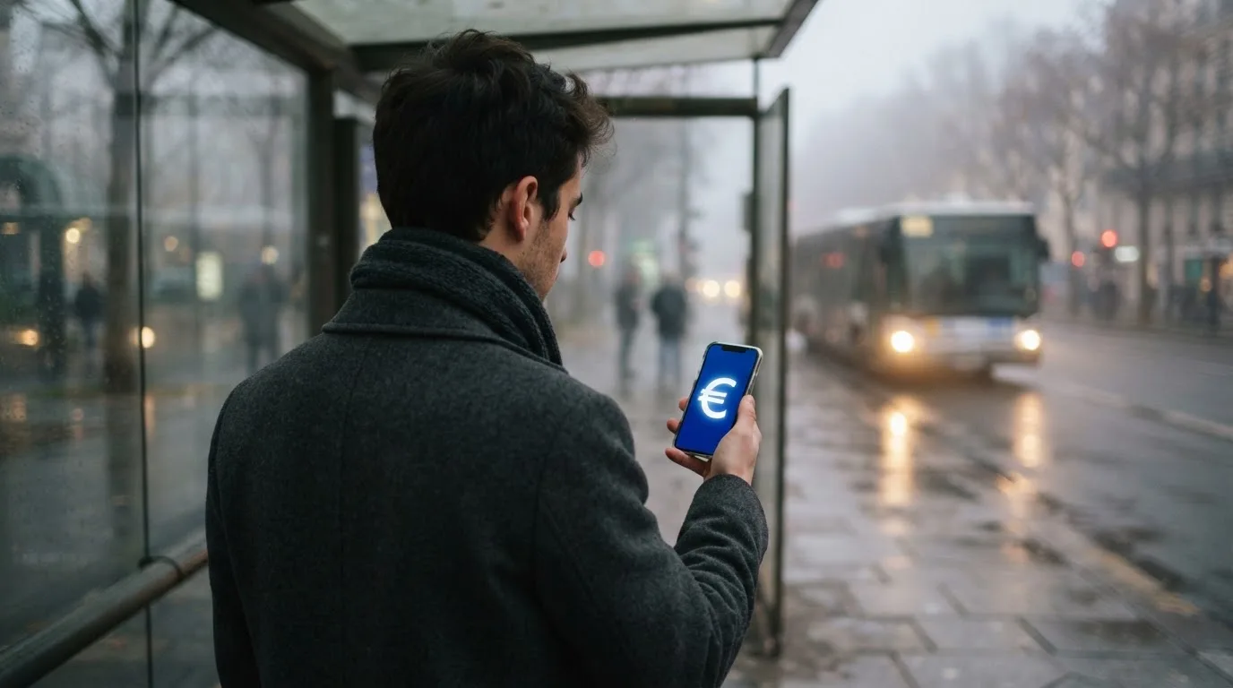 Nuori mies selaa älypuhelinta bussipysäkillä odottaessaan iltapäivällä, taustalla sumuinen katunäkymä.
