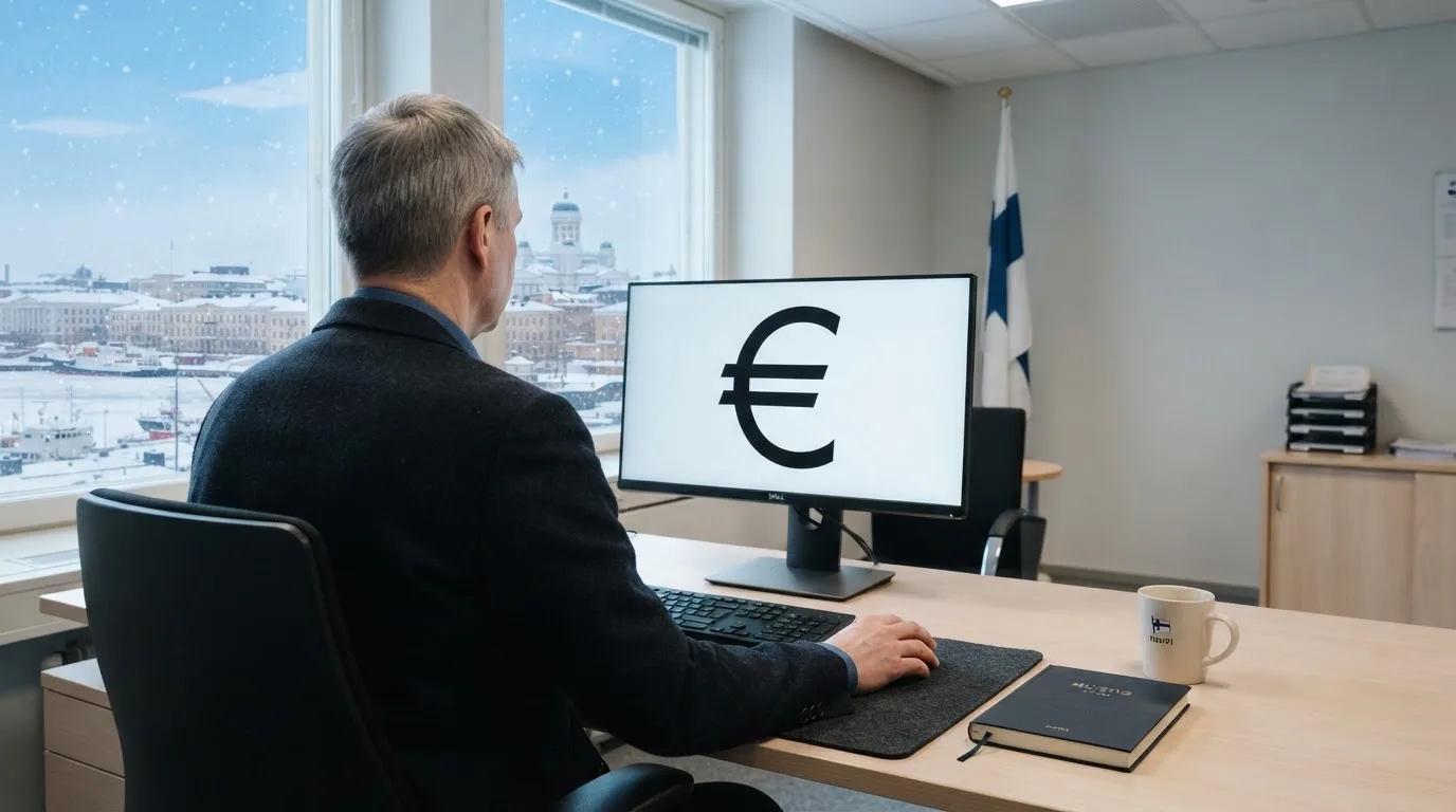 Virkailija istuu vaaleassa virastohuoneessa tietokoneen ääressä, ikkunasta näkyy talvinen kaupunkimaisema.