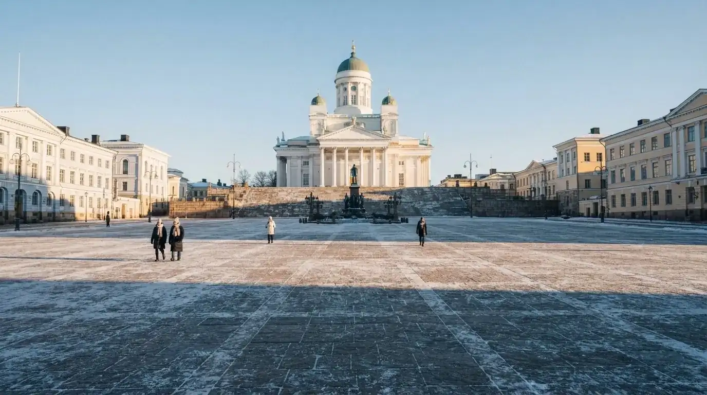 Leveä kivipäällysteinen tori ja vaalea kirkkorakennus talvipäivän matalassa auringonvalossa — luotettavat suomalaiset kasinot